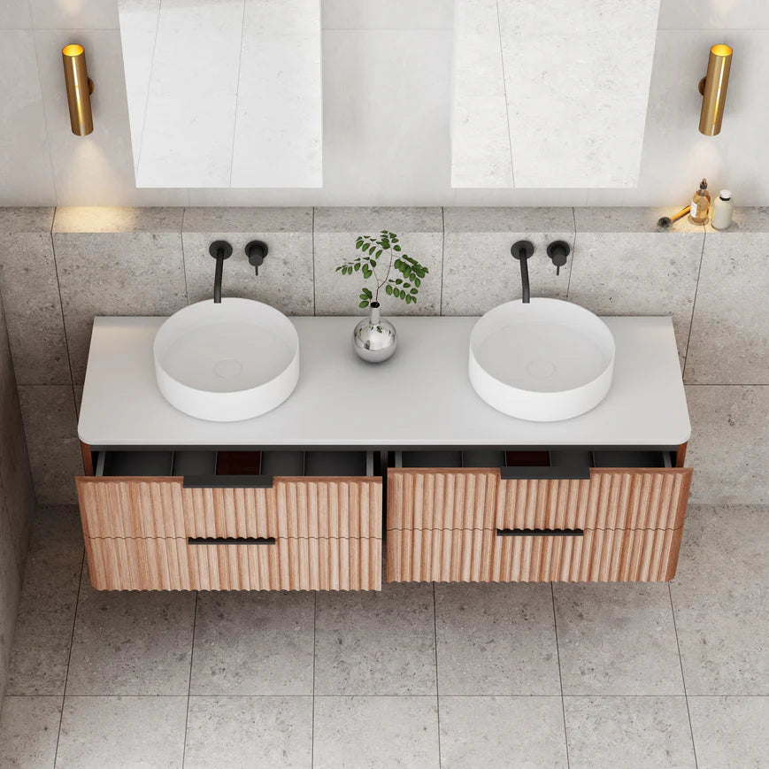 Gravity Curved Wall Double Hung Vanity Natural Oak