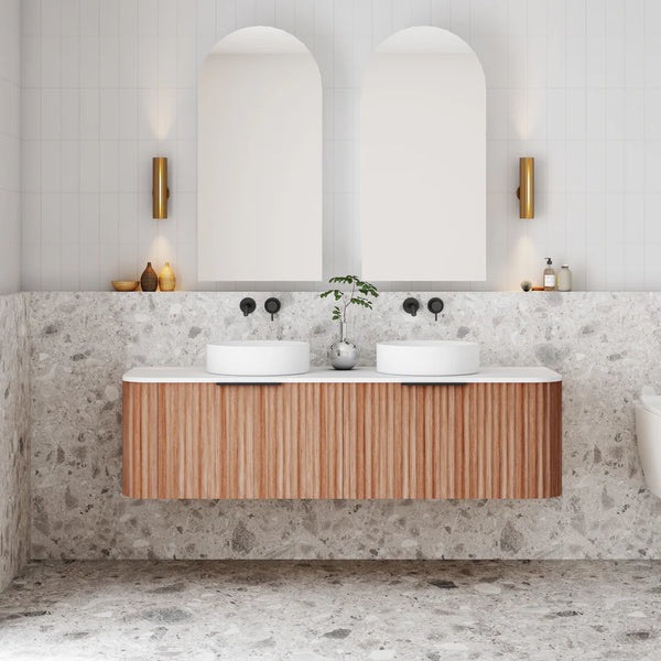 Cassa Designs V-Groove Curved Wall Hung Vanity - Double Walnut