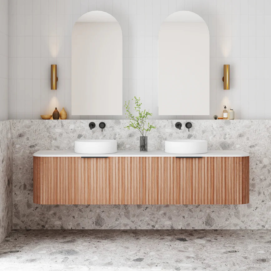 V-Groove Curved Wall Hung Vanity - Double Walnut