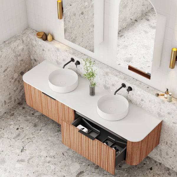 Cassa Designs V-Groove Curved Wall Hung Vanity - Double Walnut