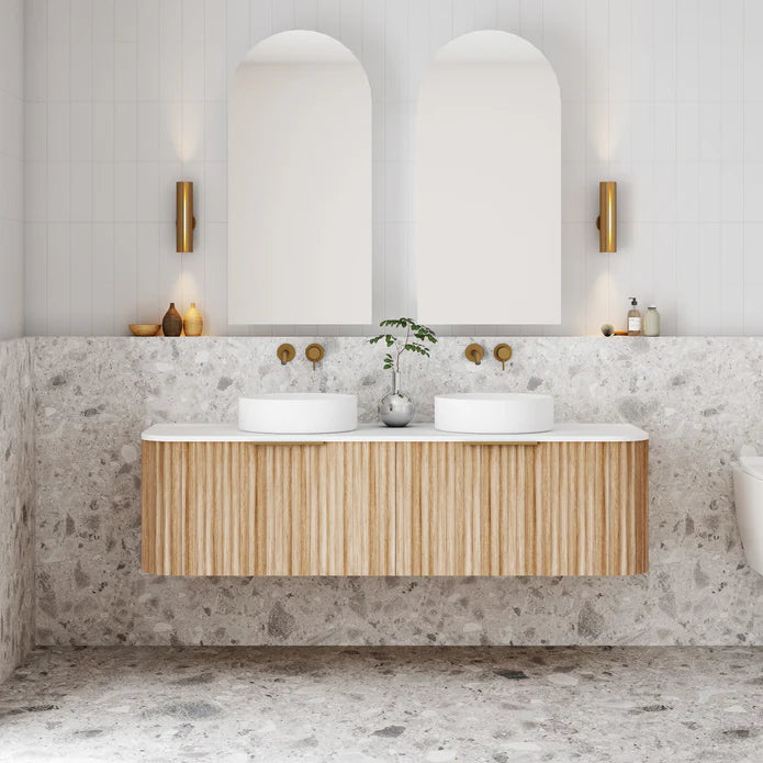 V-Groove Curved Wall Hung Vanity - Double Natural Oak