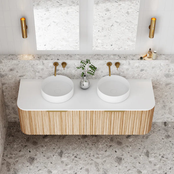 Cassa Designs V-Groove Curved Wall Hung Vanity - Double Natural Oak