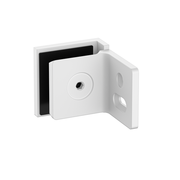 Stealth Wall to Glass 90 Degree Clamp with Leg and Cover Plate - White