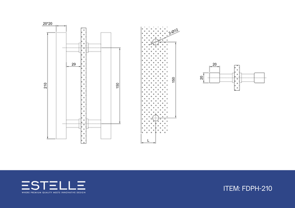 Square Double Pull Door Handle Ladder Style 210mm Raw Brushed Brass