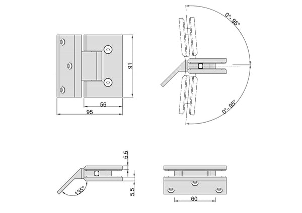 Boston Wall to Glass Hinge with 135 Degree Type Mounting Plate -Soft Gold Brushed