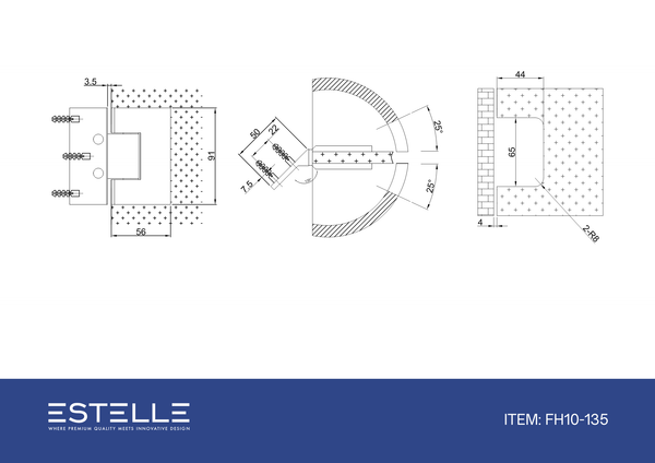 Boston Heavy Duty Wall to Glass Hinges with 135 Degree Type Mounting Plate - Polished Chrome