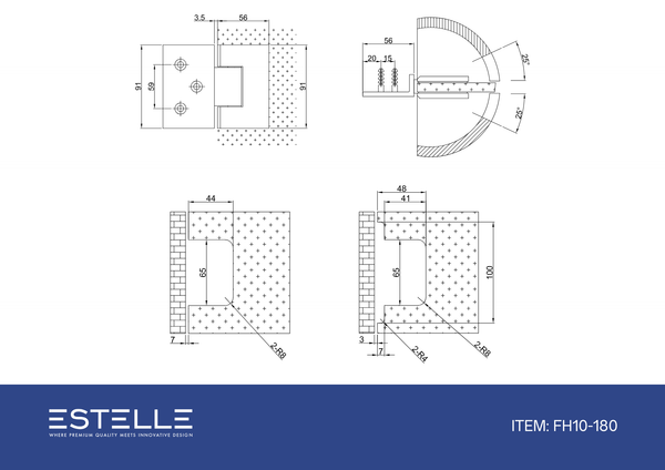 Boston Wall to Glass Hinge with 180 Degree Type Mounting Plate - Polished Rose Gold