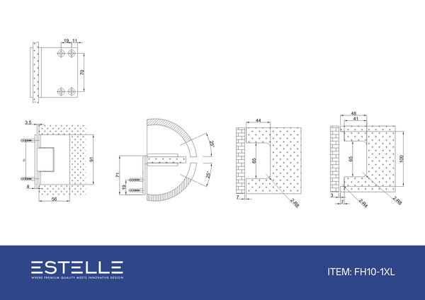 Boston Heavy Duty Wall to Glass Hinge with XL Type L Mounting Plate - Brushed Rose Gold