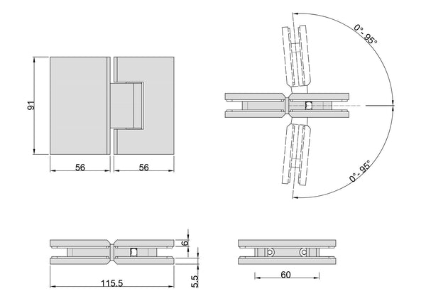 Stealth Glass to Glass 180 Degree Hinge Brushed Brass