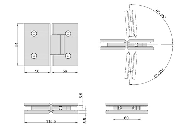 Boston Glass to Glass 180 Degree Hinge Matte Black