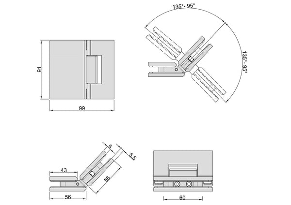 Stealth Glass to Glass 135 Degree Hinge Polished Chrome