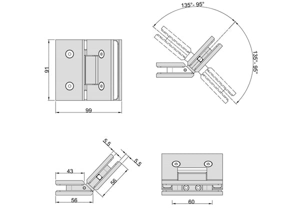 Boston Glass to Glass 135 Degree Hinge Brushed Rose Gold