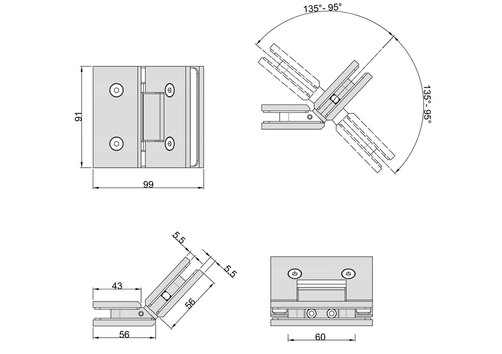 Boutique Range Glass to Glass 135 Degree Hinge - Luxe Brushed Brass