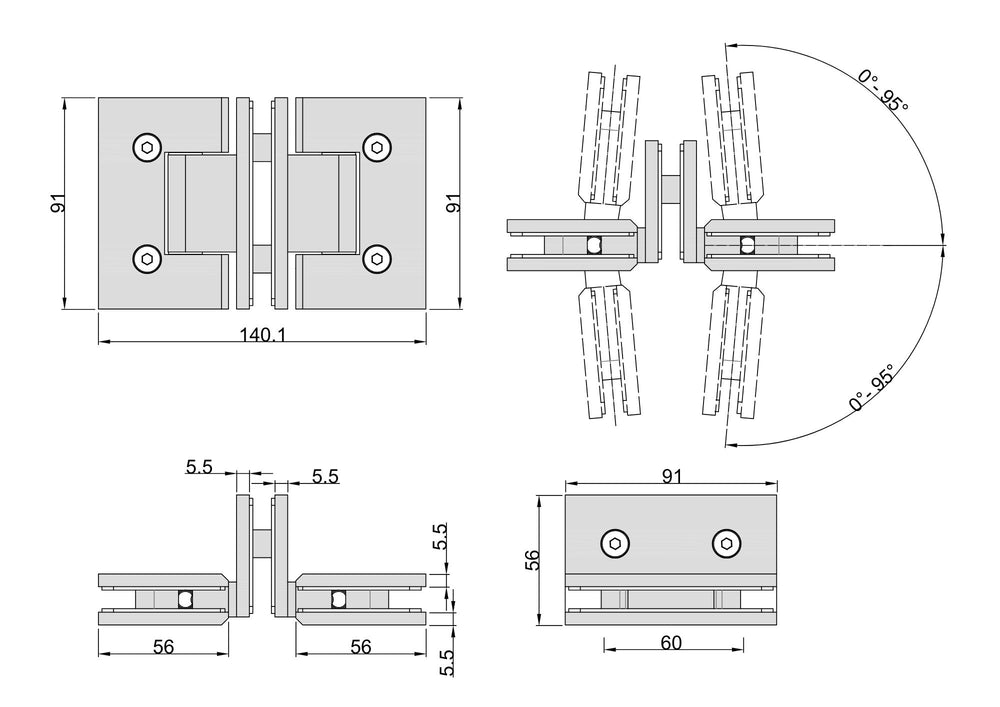 Boston Door to Panel 90 Degree Hinge Matte Chrome