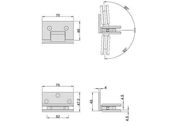 Boston Wall to 6-8 mm Glass 90 Degree Hinge with L Type Mounting Plate - Polished Gold