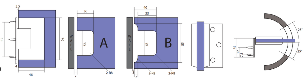 Boston Wall to 6-8 mm Glass 90 Degree Hinge with L Type Mounting Plate - Polished Chrome