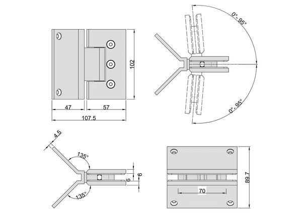 Boston Heavy Duty Large Wall to Glass Hinge with Corner type Mounting Plate - Brushed Brass
