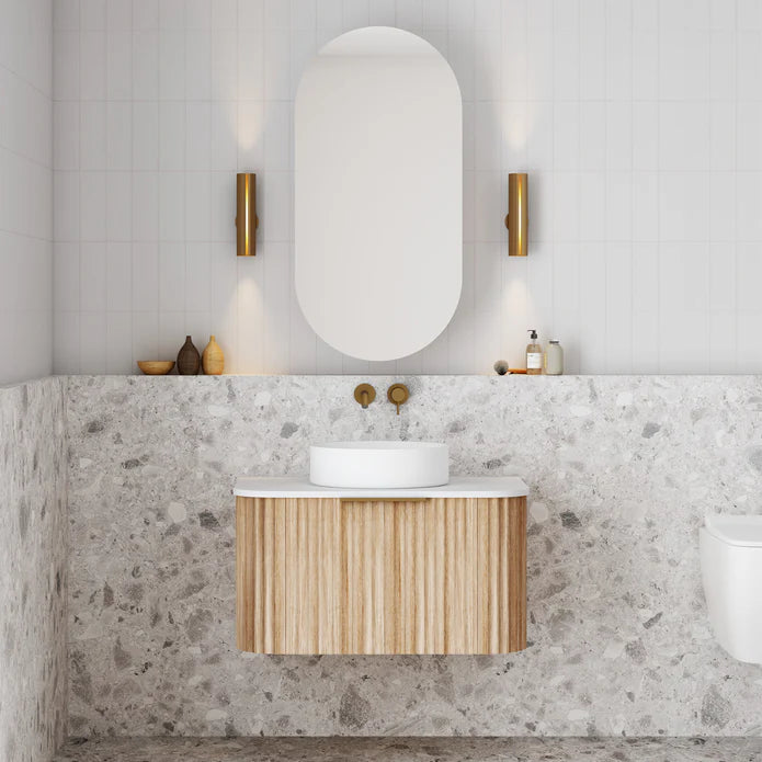V-Groove Curved Wall Hung Vanity - Single Natural Oak