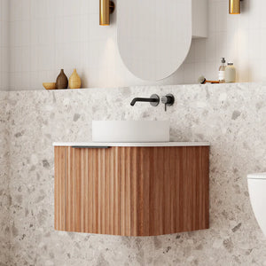 V-Groove Curved Wall Hung Vanity - Single Walnut