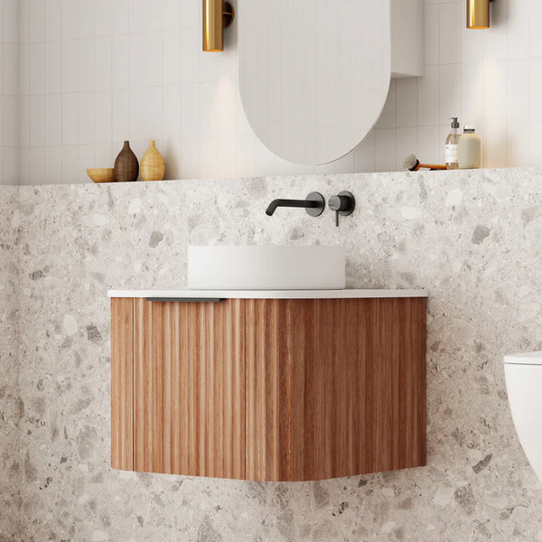 V-Groove Curved Wall Hung Vanity - Single Walnut