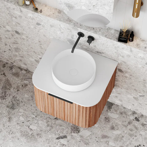 V-Groove Curved Wall Hung Vanity - Single Walnut
