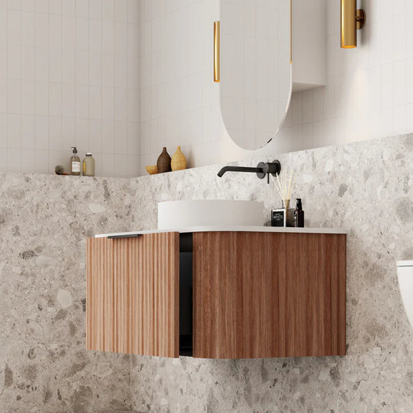 V-Groove Curved Wall Hung Vanity - Single Walnut