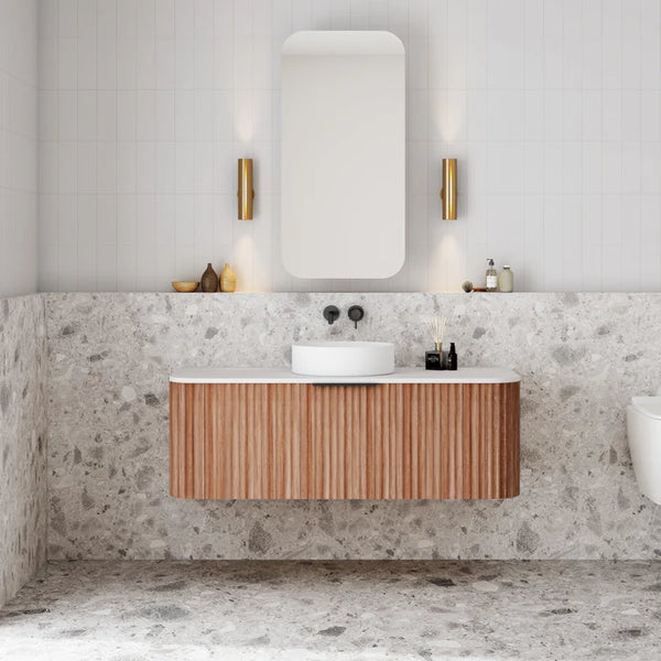 V-Groove Curved Wall Hung Vanity - Single Walnut