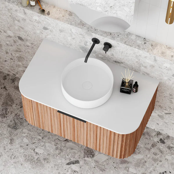 V-Groove Curved Wall Hung Vanity - Single Walnut