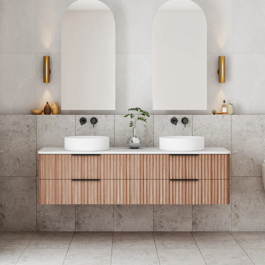 Gravity Curved Wall Double Hung Vanity Walnut