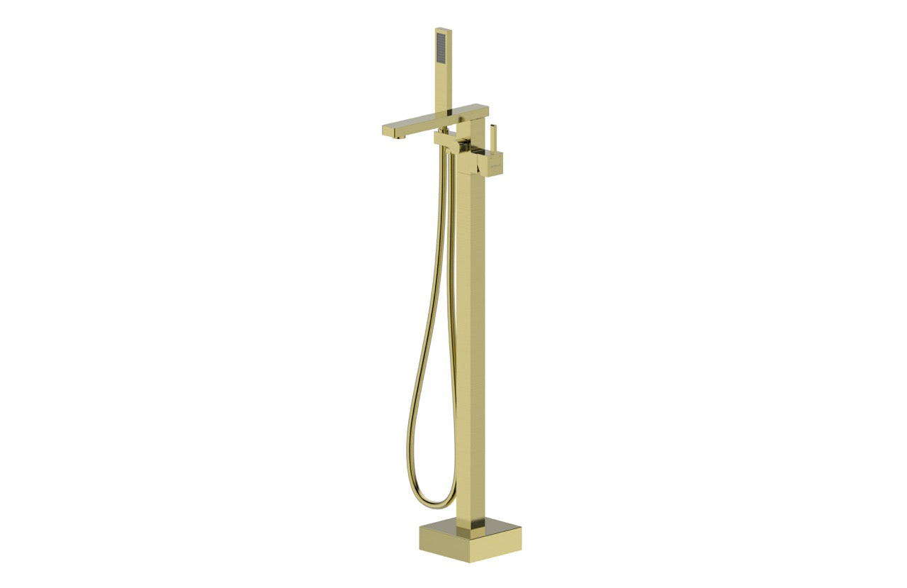 Premium Option - Floor Standing Bath spout with Mixer and Hand shower - Flat base - Brushed Brass Electro